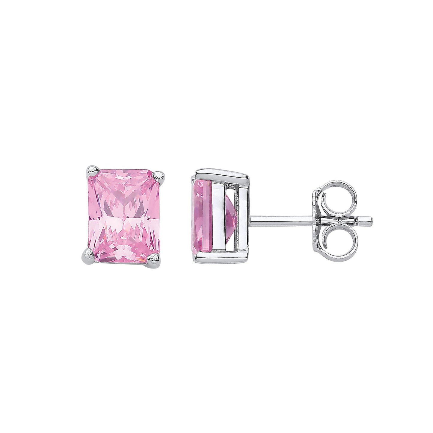 Silver PINK Cubic Zirconia Emerald Cut Stud Earrings