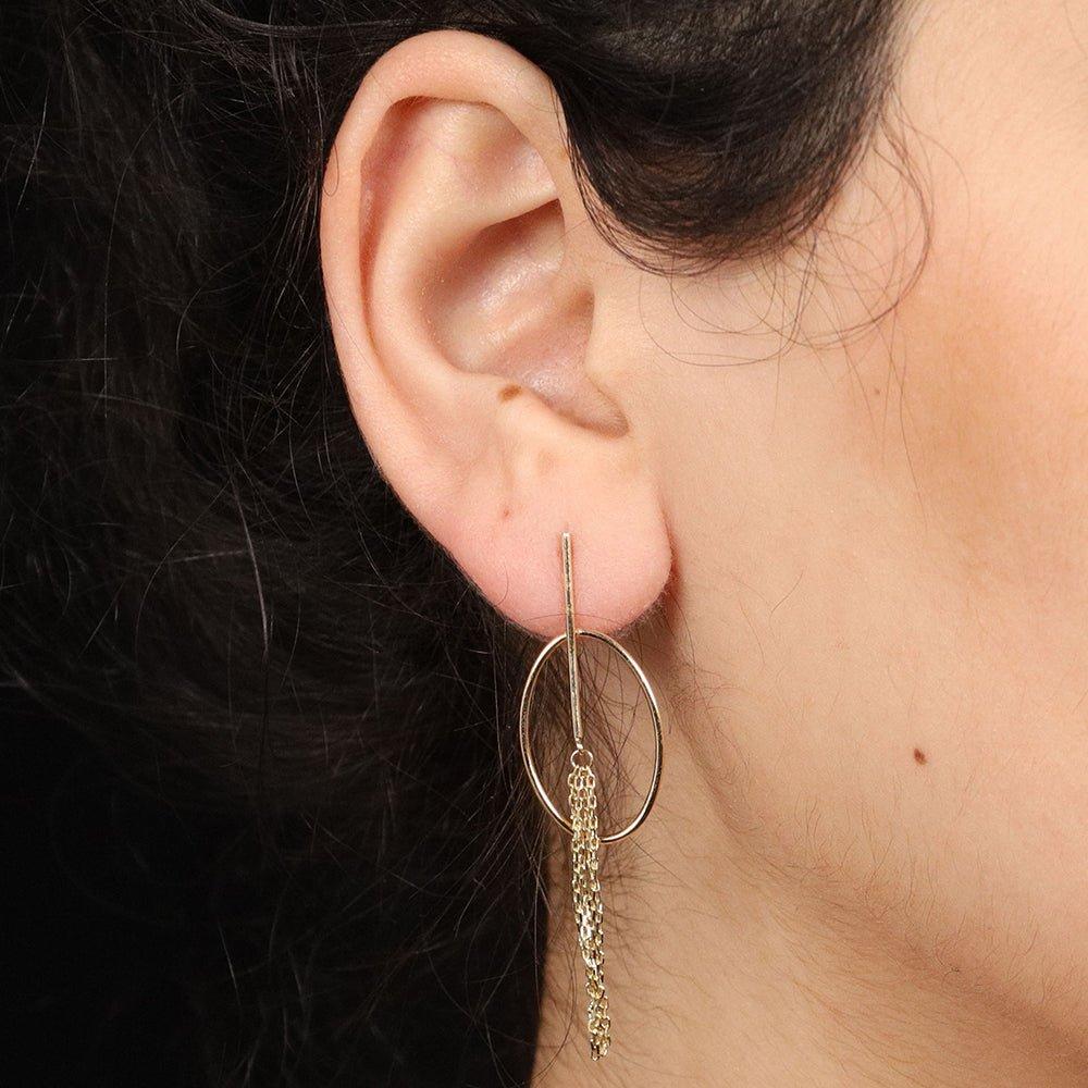 Yellow Gold Oval Tube Tassel Drop Earrings