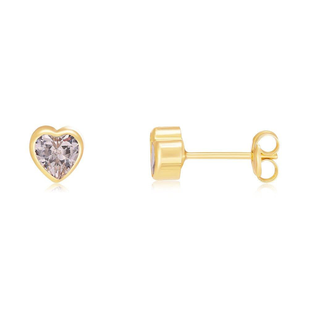 9ct Yellow Gold Rubover Set Heart Shaped Cubic Zirconia Studs