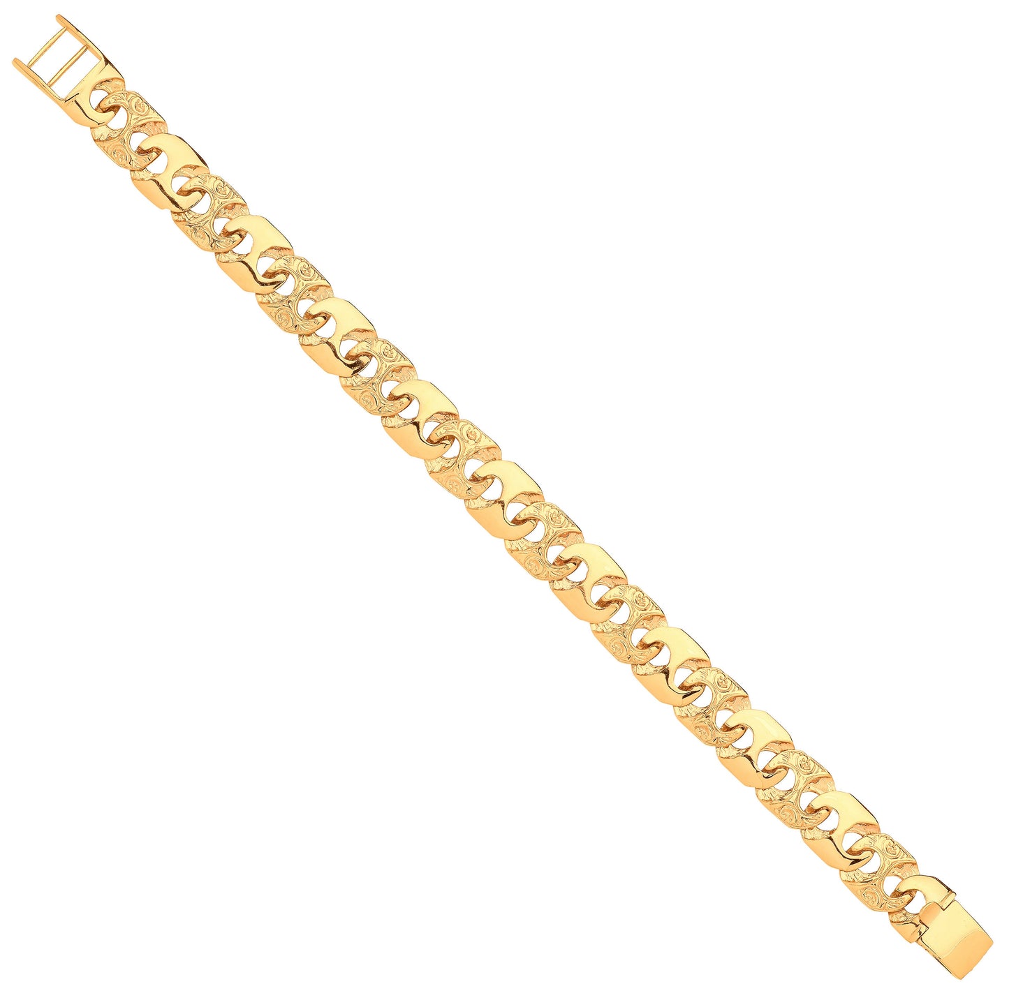 Yellow Gold 12mm Plain & Engraved Anchor Link Gents Bracelet