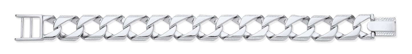 Silver 15mm Large Square Curb Ribbed Edge Link Gents Bracelet