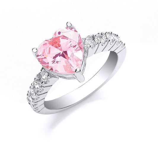 Silver Pink Heart S/S Cubic Zirconia with Cubic Zirconia on Shoulder Ring