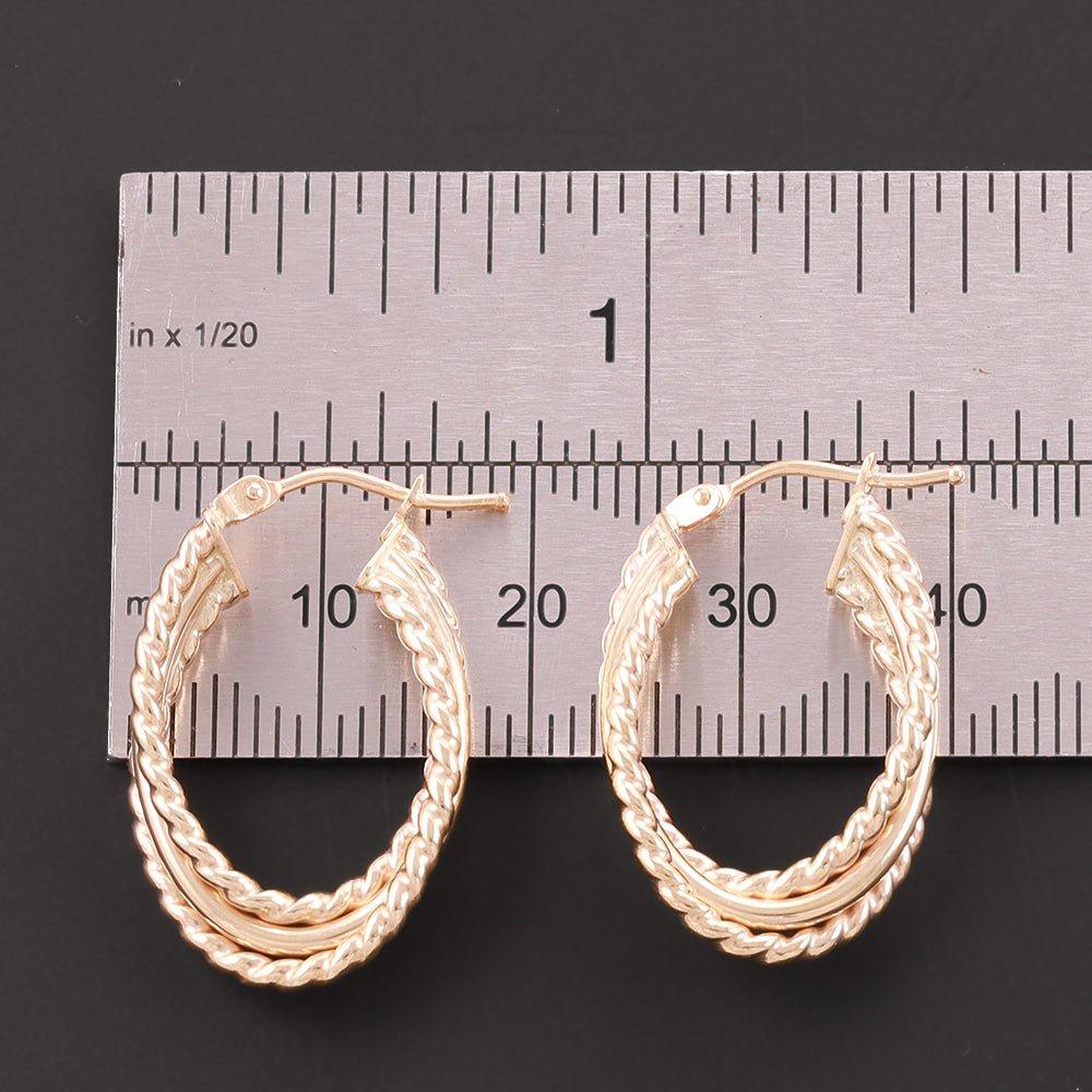 Yellow Gold Triple Layer Ribbed & Plain Oval Hoop Earrings