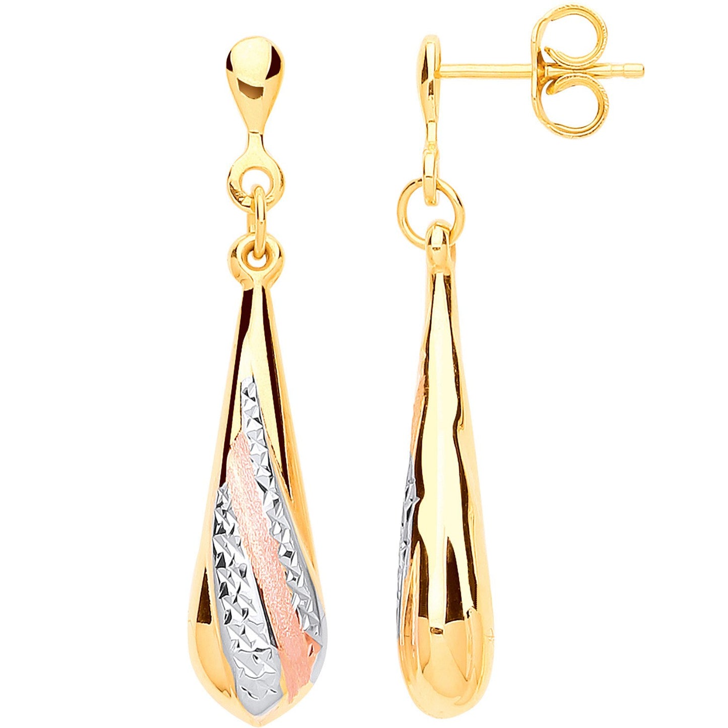 Yellow and Rose Gold Satin Finish, White Gold Ribbed Drop Earrings