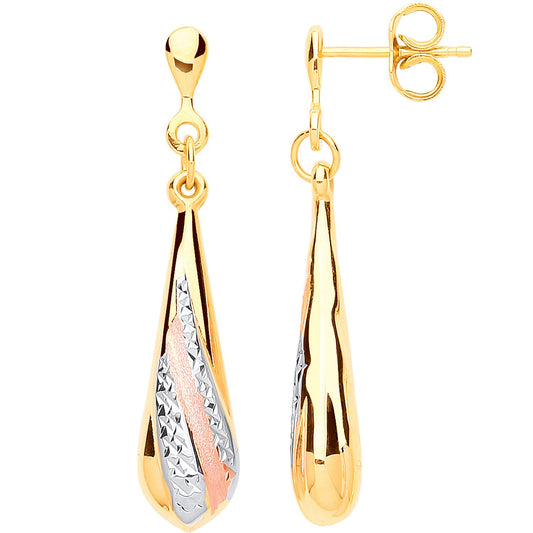 Yellow and Rose Gold Satin Finish, White Gold Ribbed Drop Earrings