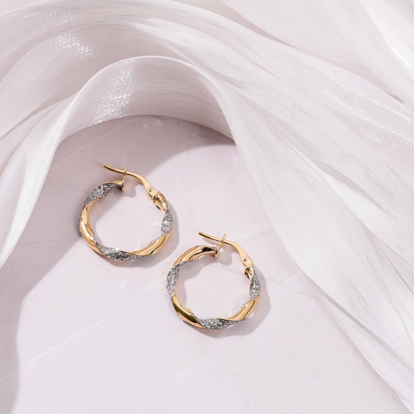 Yellow and White Gold Glitter Finish Twisted 22mm Hoop Earrings
