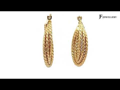 Yellow Gold Triple Layer Ribbed Hoop Earrings