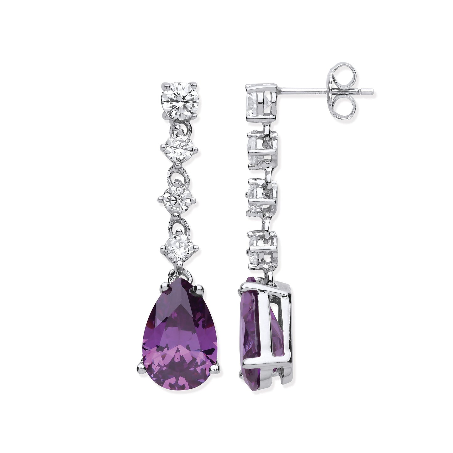 Silver Clear & Amethyst Colour Cubic Zirconias Long Drop Earrings