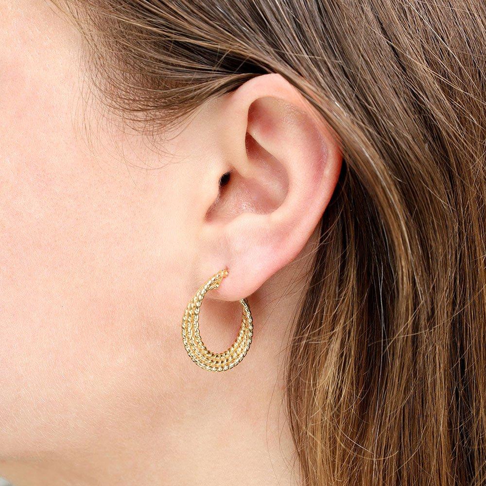 Yellow Gold Triple Layer Ribbed Hoop Earrings