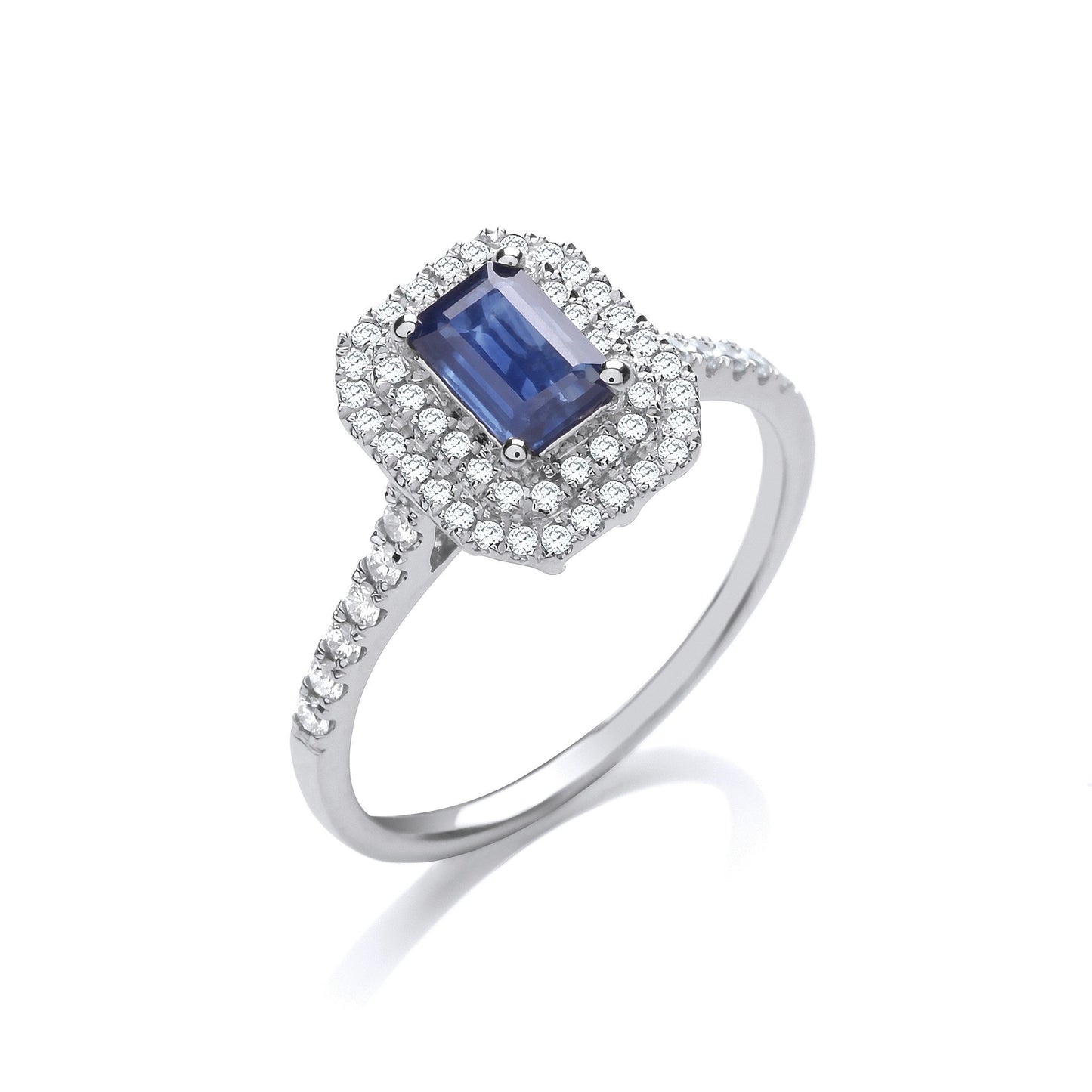 9ct White Gold 0.30ct Double Halo Diamond 0.66ct Emerald Cut Sapphire Ring
