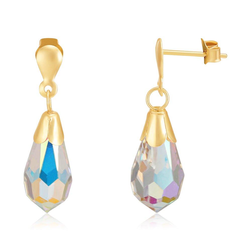 Yellow Gold White Austrian Crystal Drop Studs