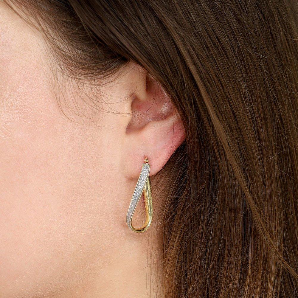 Yellow Gold Glitter Oval Twist Hoop Earrings