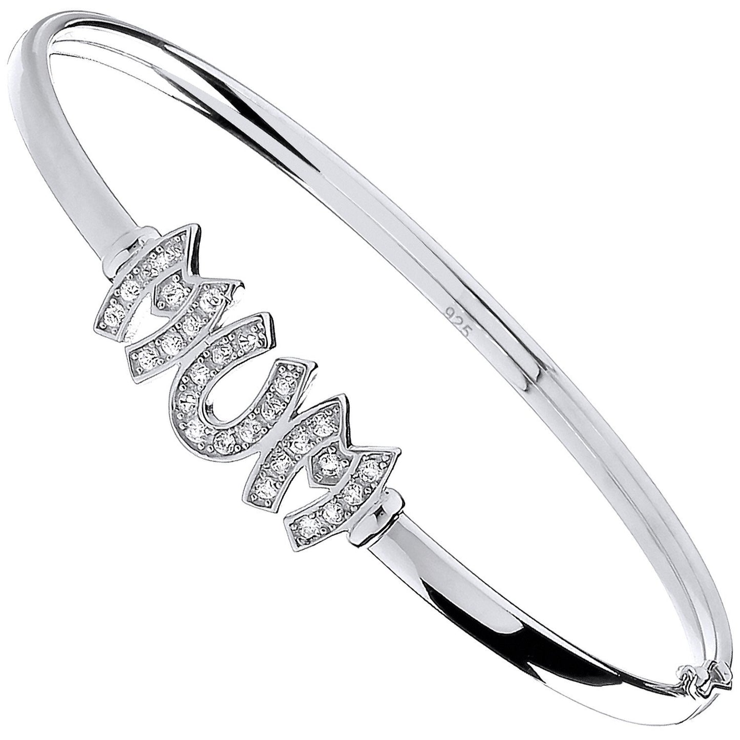 Silver Mum Cubic Zirconia Hinged Bangle