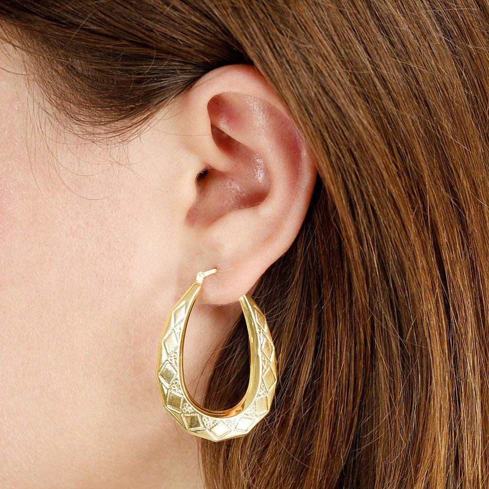 Yellow Gold Diamond Cut Oval Creoles - 2.2g