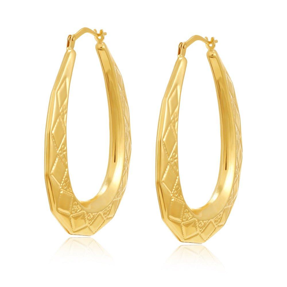 Yellow Gold Diamond Cut Oval Creoles - 2.2g