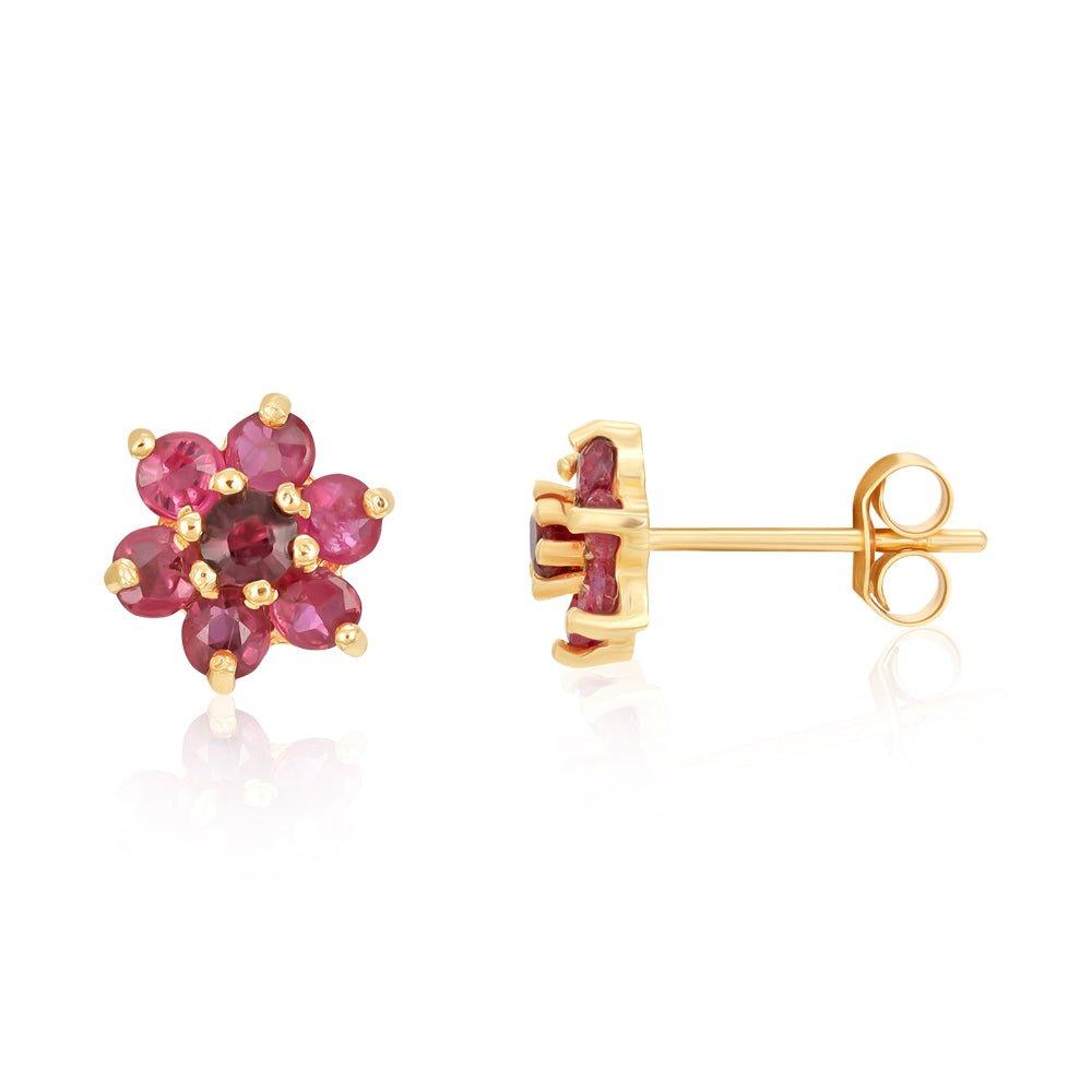 9ct Yellow Gold Ruby Flower Studs