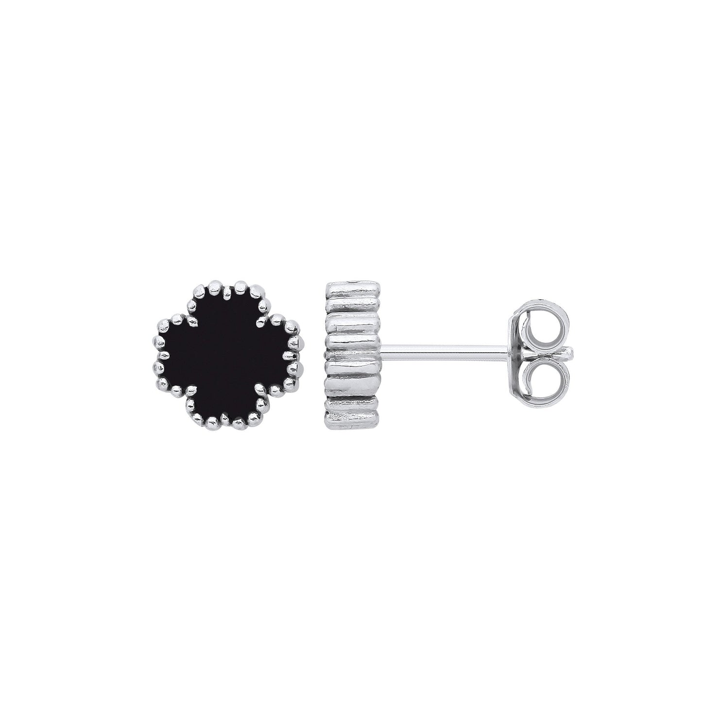 Silver Black Enamel Four Leaf Clover Studs