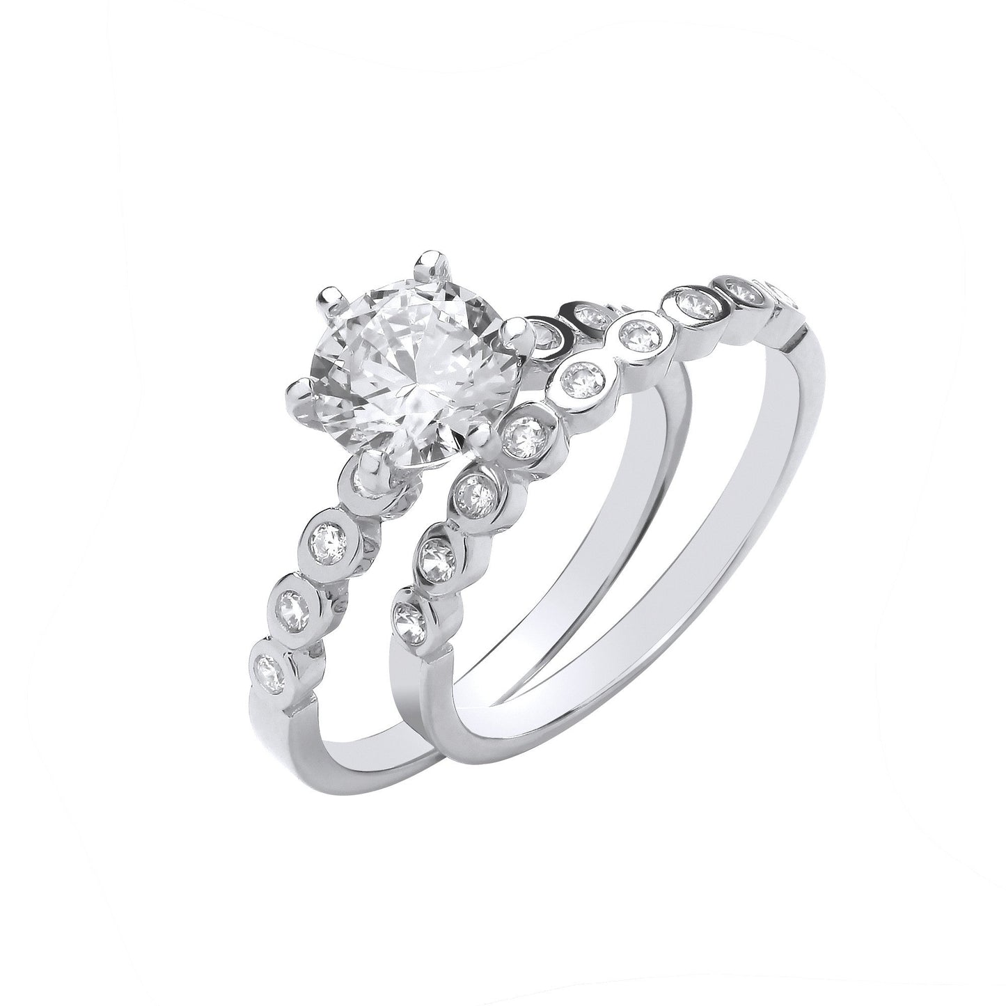Silver Bridal Set Big Cubic Zirconia S/S & Rubover Half Eternity Rings