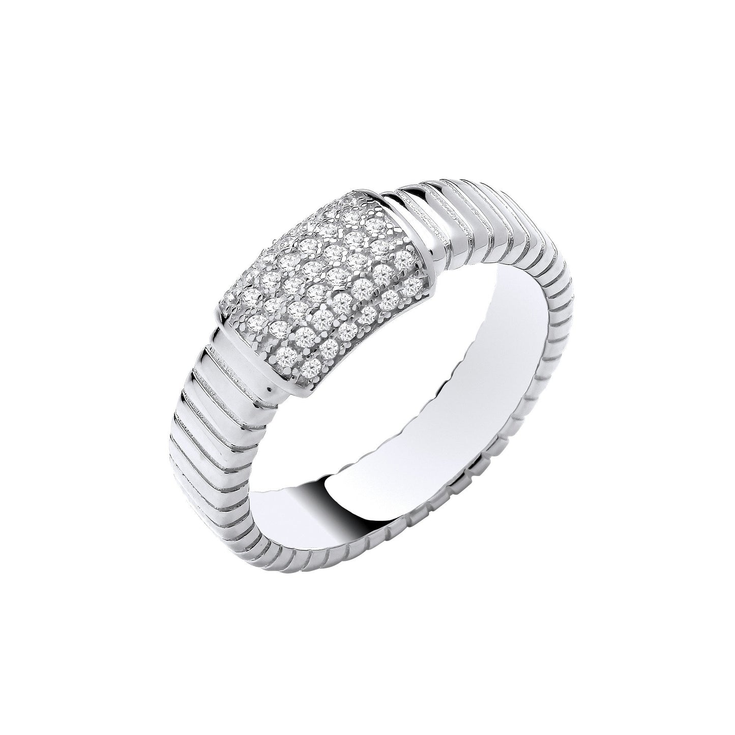 Silver Ribbed Link with Cubic Zirconia ID Plate Ring