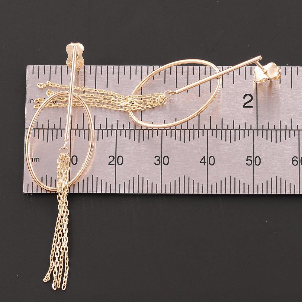 Yellow Gold Oval Tube Tassel Drop Earrings