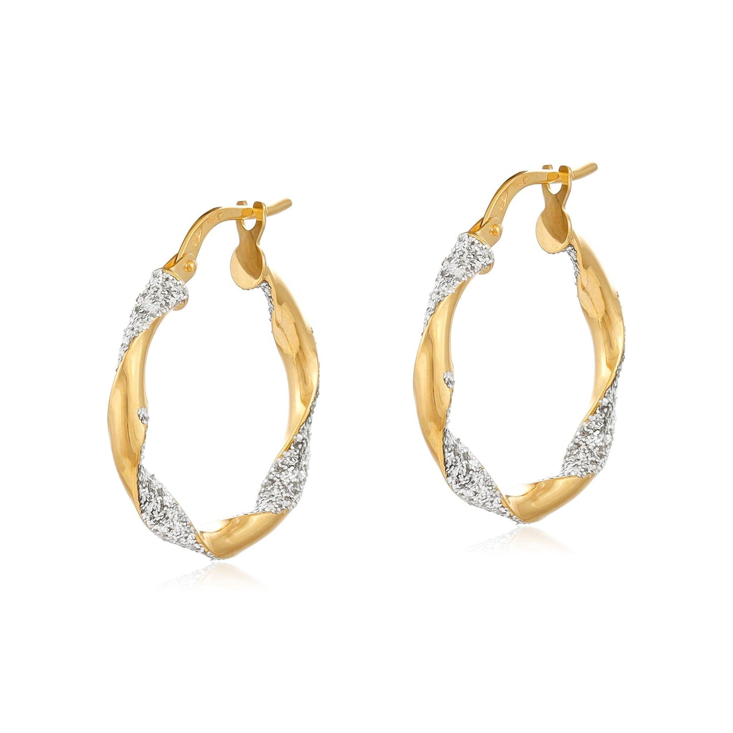 Yellow and White Gold Glitter Finish Twisted 22mm Hoop Earrings
