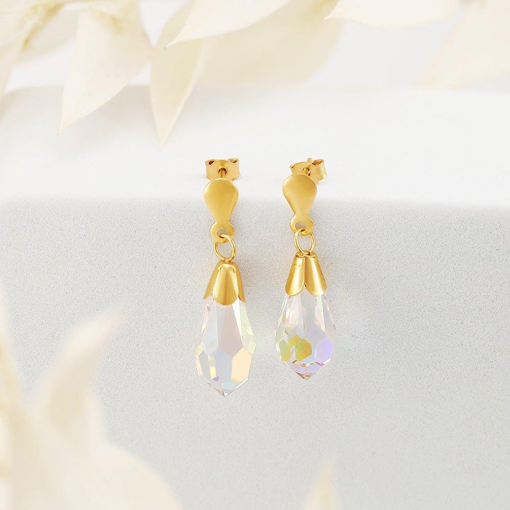Yellow Gold White Austrian Crystal Drop Studs