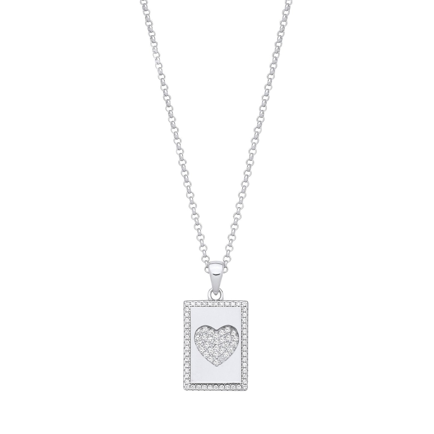 Silver Dog Tag Cubic Zirconias Heart Pendant on Chain