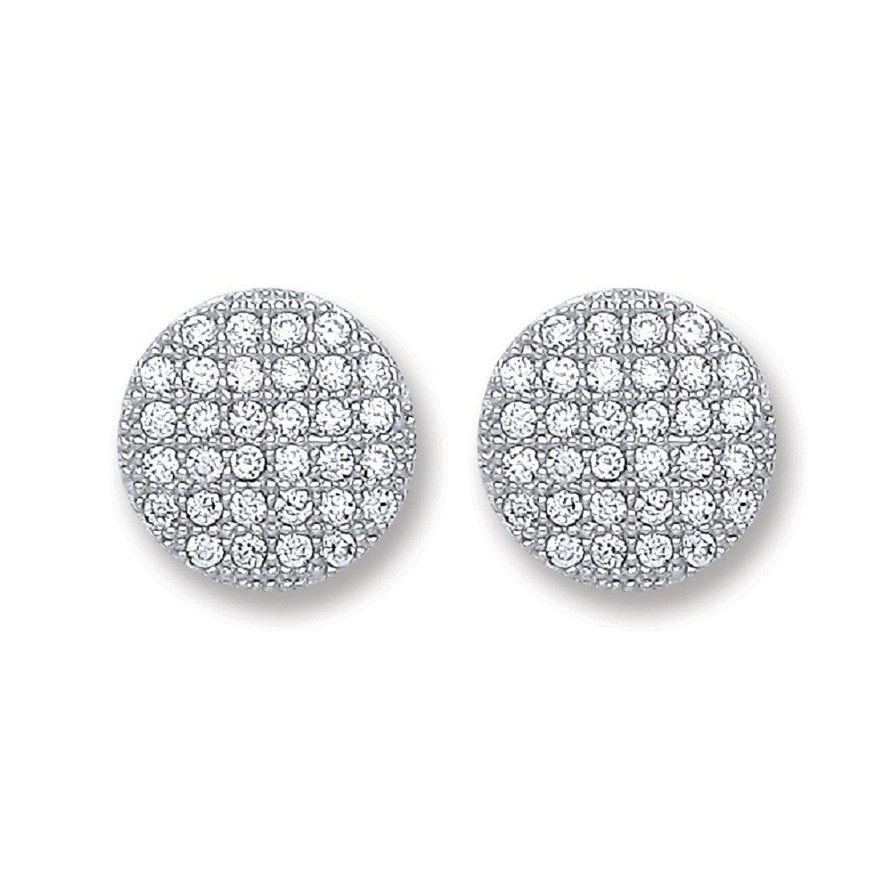 Silver Button Cubic Zirconia Stud Earrings