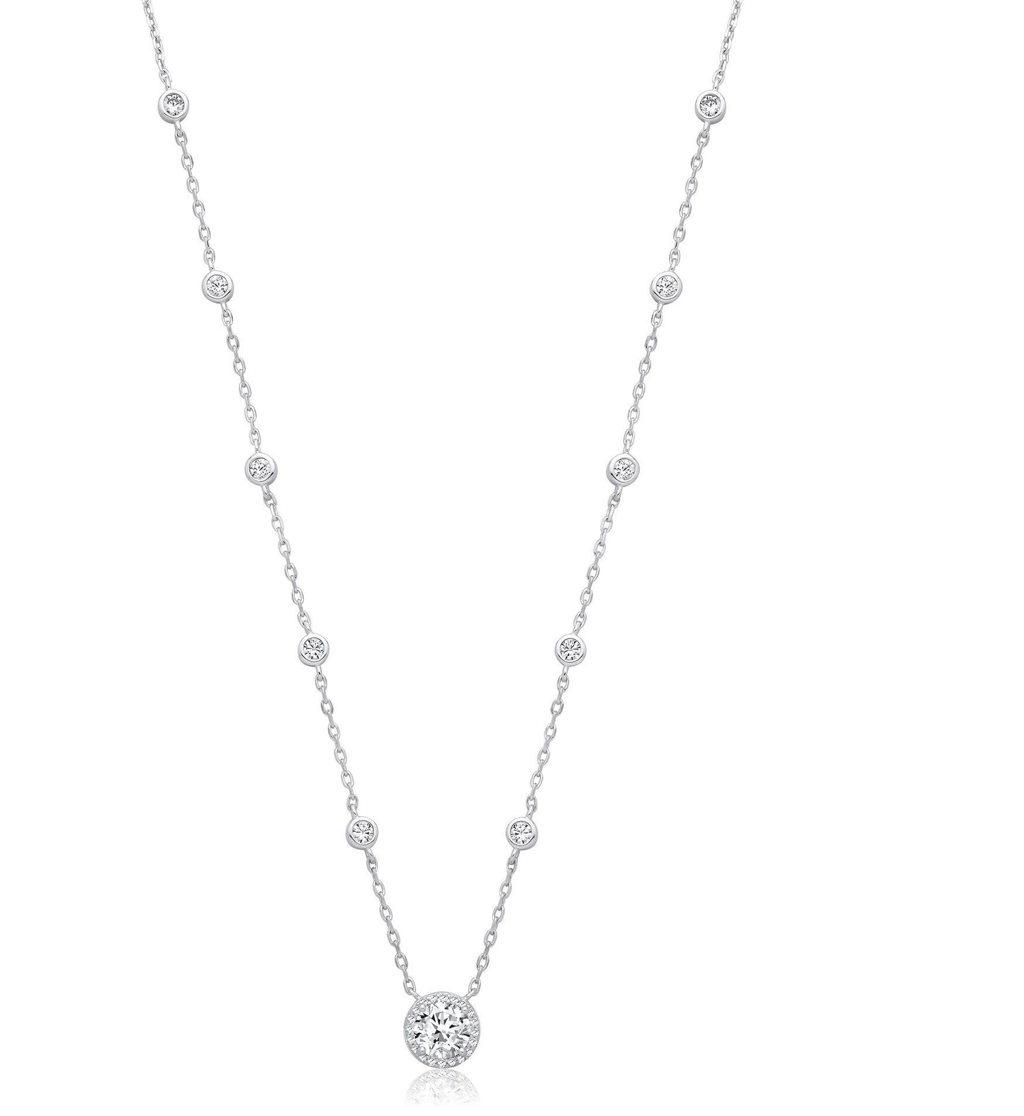 Silver 10 Rubover Cubic Zirconias with Halo Cubic Zirconia Pendant Necklace