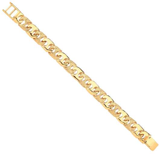 Yellow Gold 14mm Plain & Engraved Anchor Medium Link Gents Bracelet