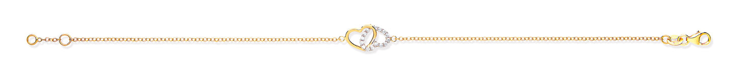 Yellow Gold Plain & Cubic Zirconia Hearts Ladies Bracelet