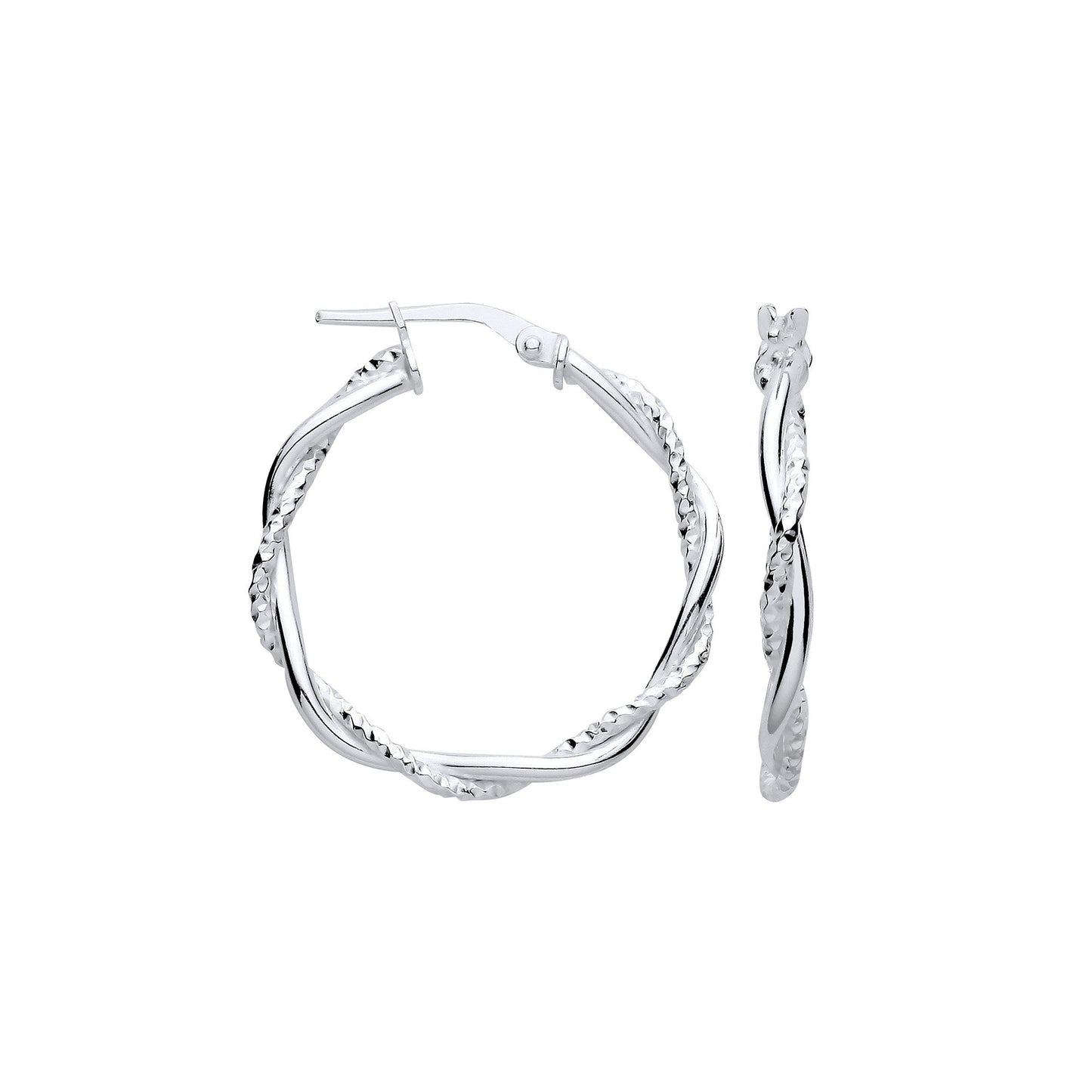 Silver Diamond Cut & Plain Twist Medium Hoop Earrings