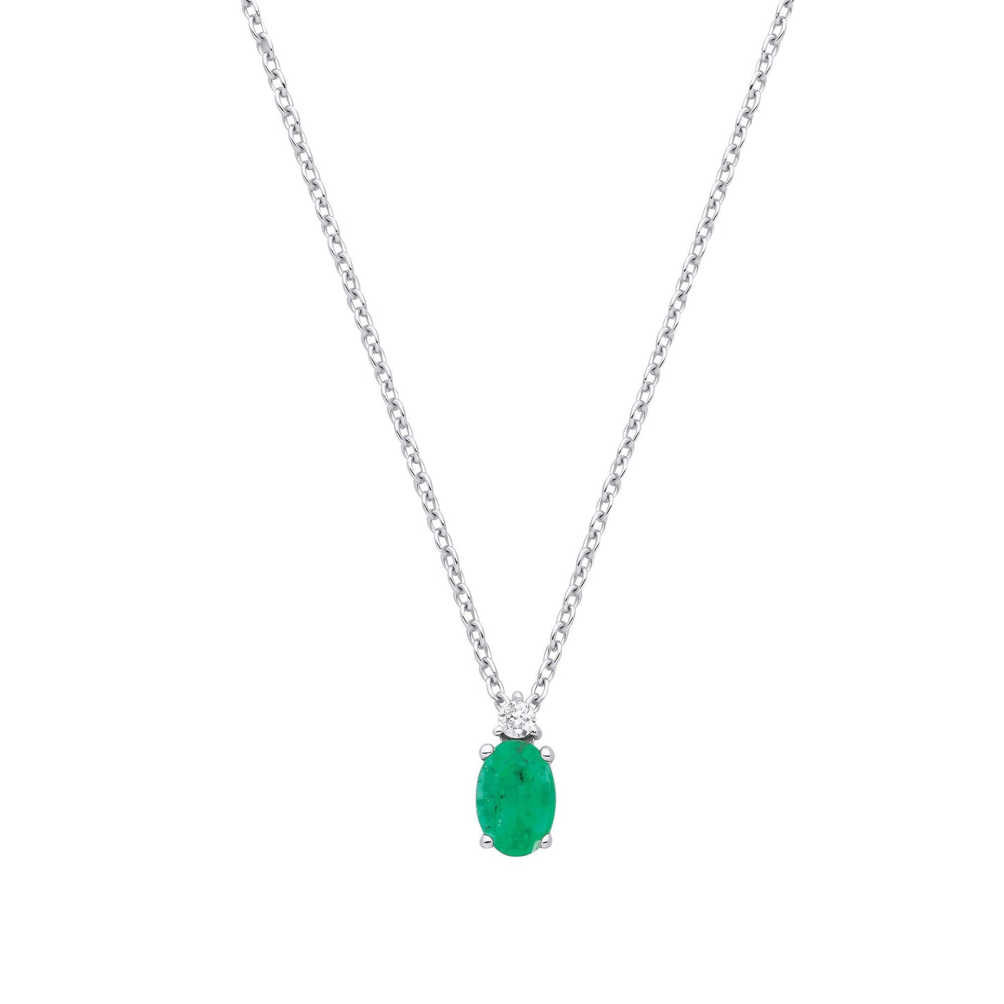 9ct White Gold Diamond 0.03ctw & Emerald 0.38ctw Necklace (Chain 17")