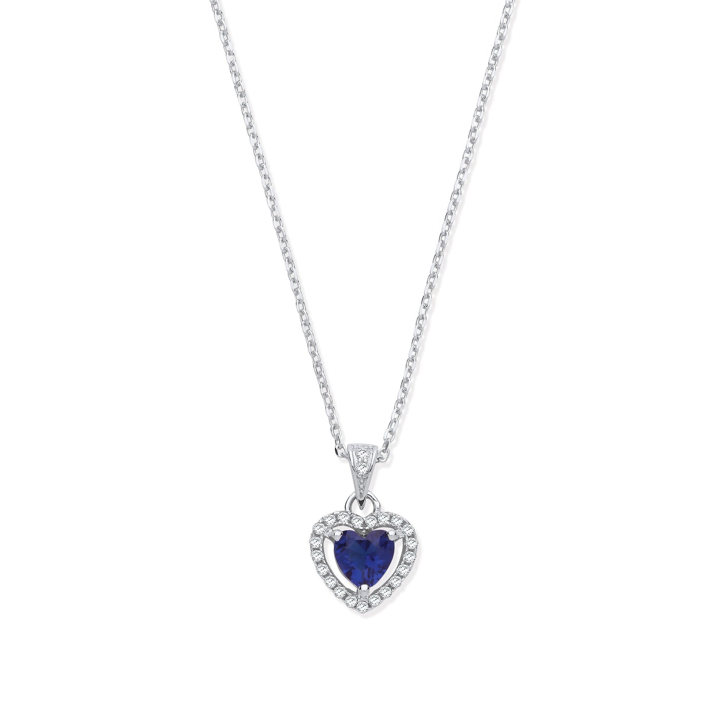 Silver Blue Cubic Zirconia Halo Heart Pendant Necklace