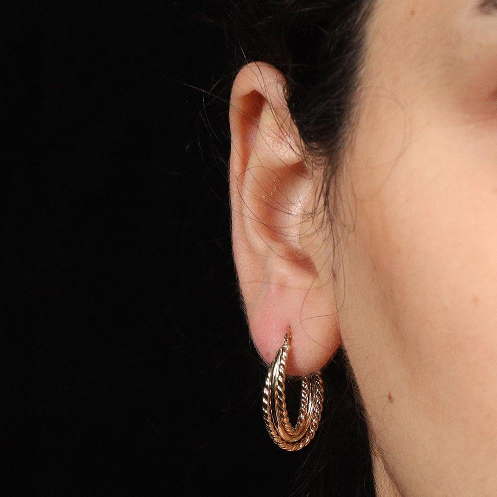Yellow Gold Triple Layer Ribbed & Plain Oval Hoop Earrings