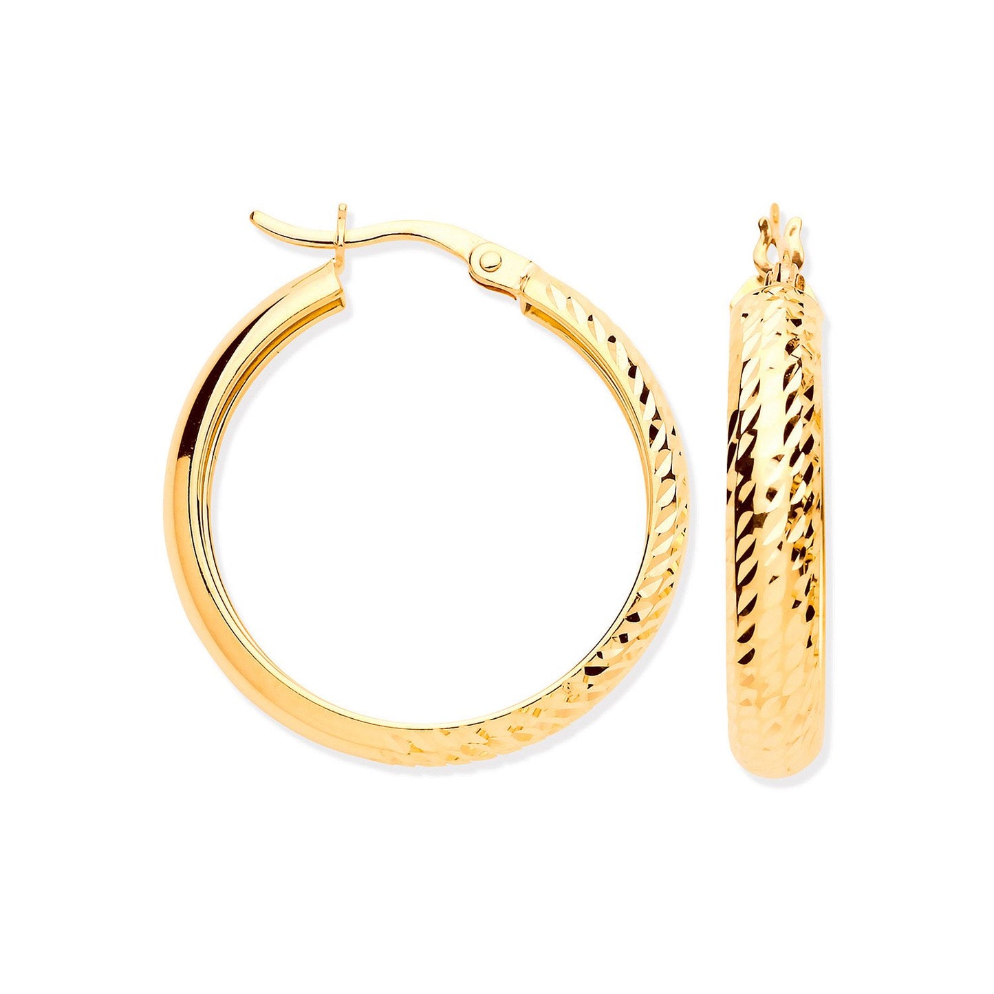 Yellow Gold 24mm Half DC Half Plain Hoop Earrings