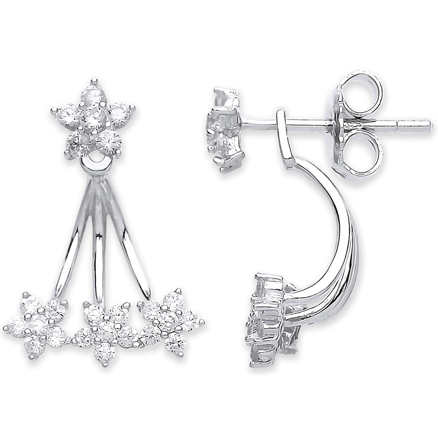Silver Cubic Zirconia Ear Stud Cuff Wrap Earrings - 13.2mm