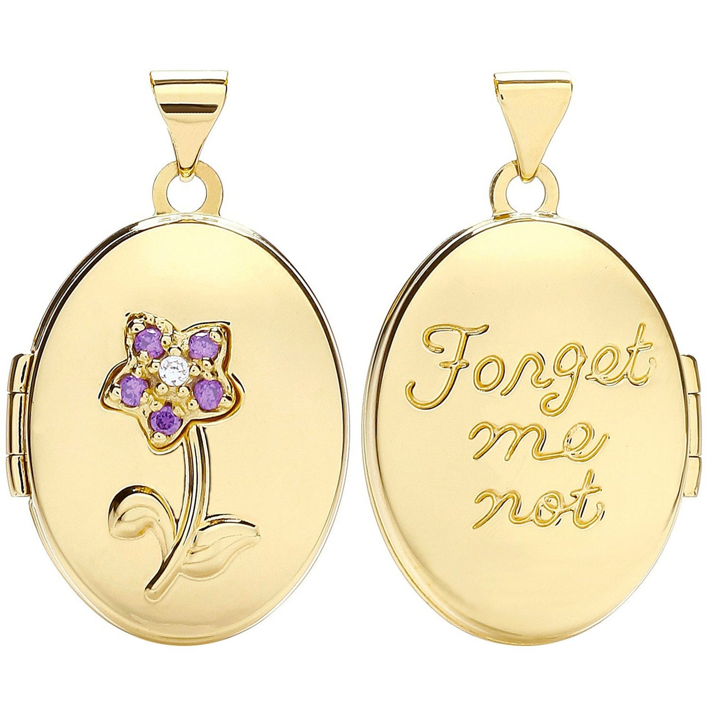 Yellow Gold Oval Double Sided Locket with Purple Cubic Zirconia
