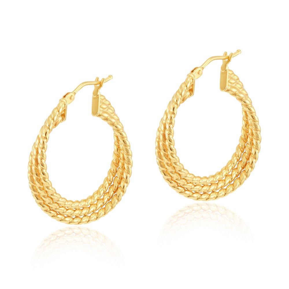 Yellow Gold Triple Layer Ribbed Hoop Earrings