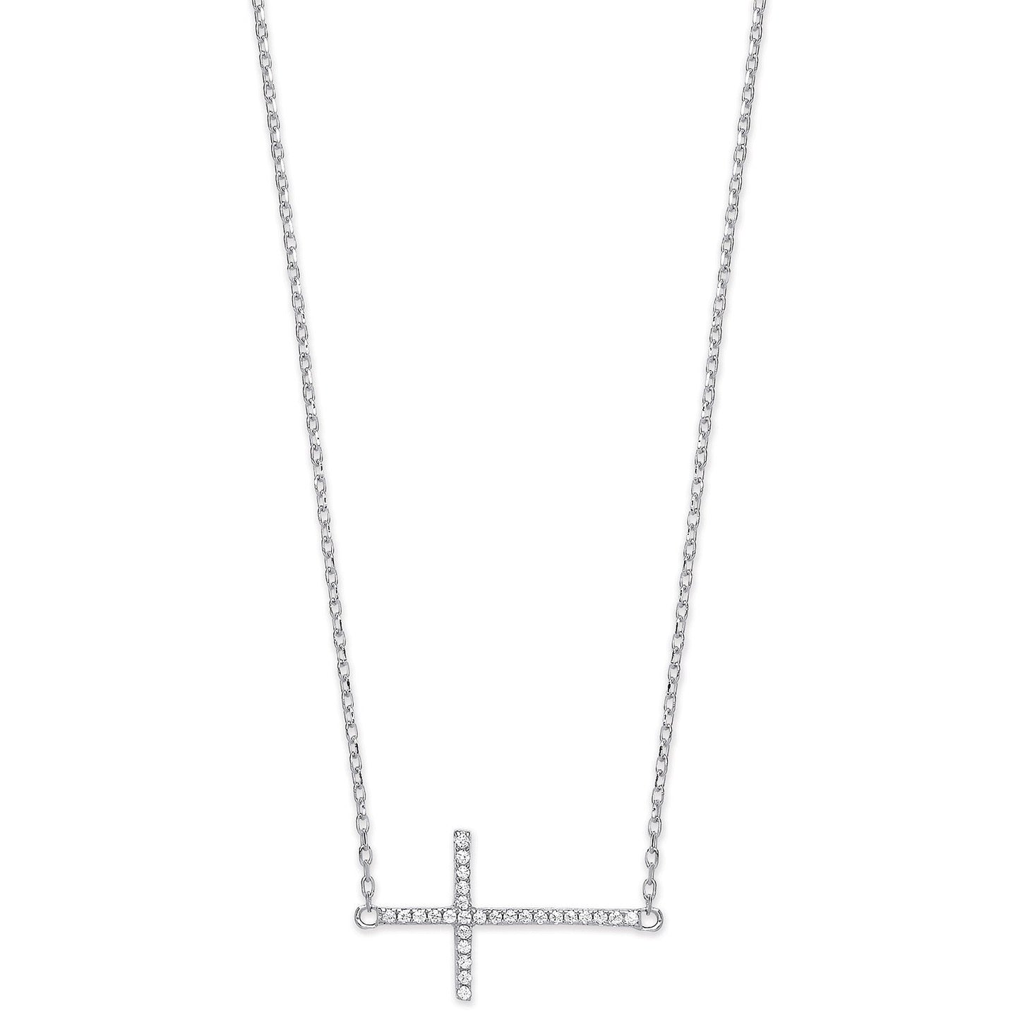 Silver Cubic Zirconia Sideways Cross Pendant 16" Necklace with Extention
