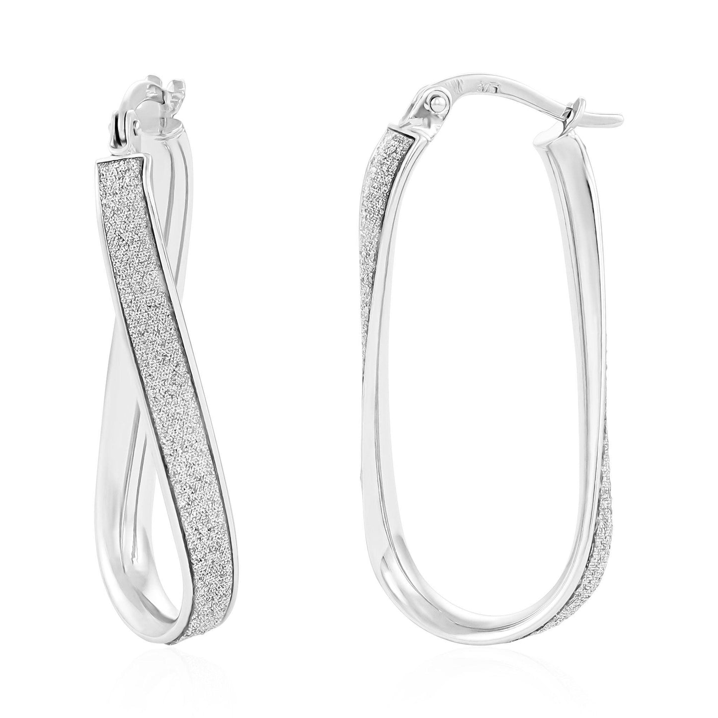 White Gold Glitter Oval Twist Hoop Earrings