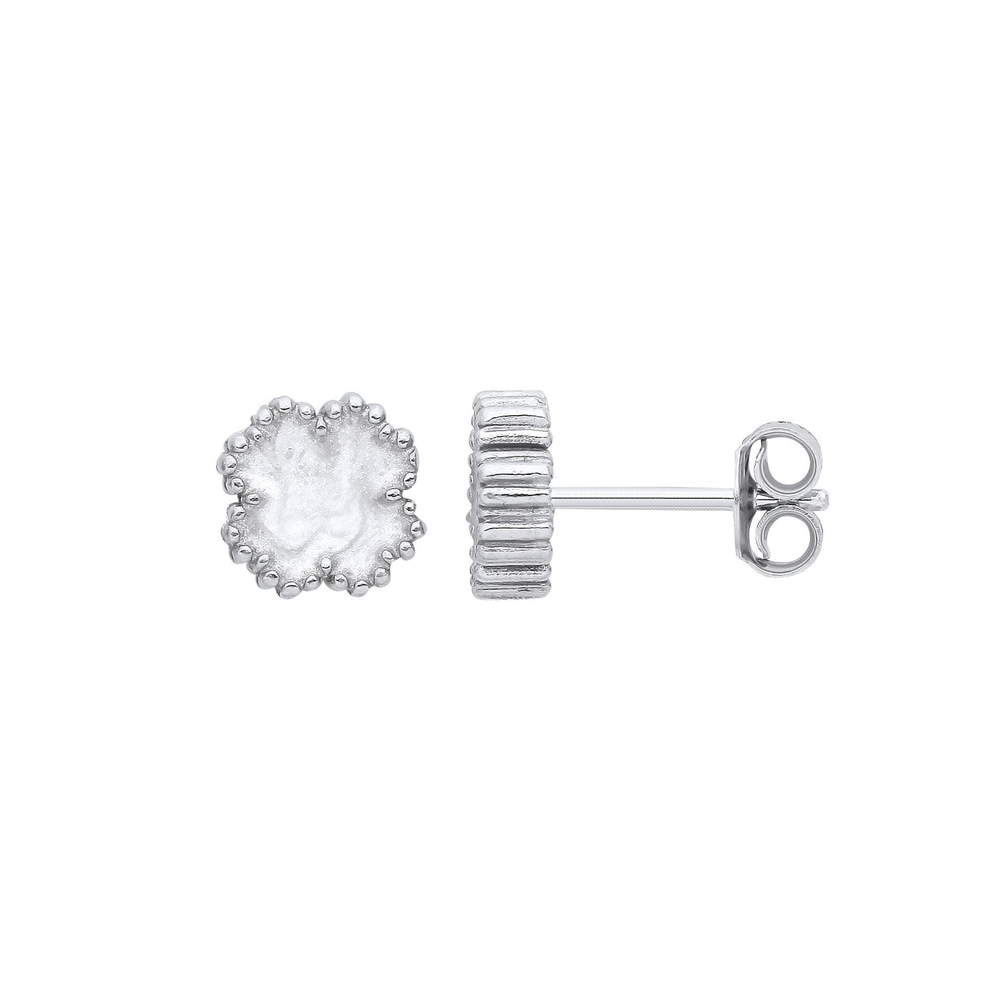 Silver White Enamel Four Leaf Clover Studs