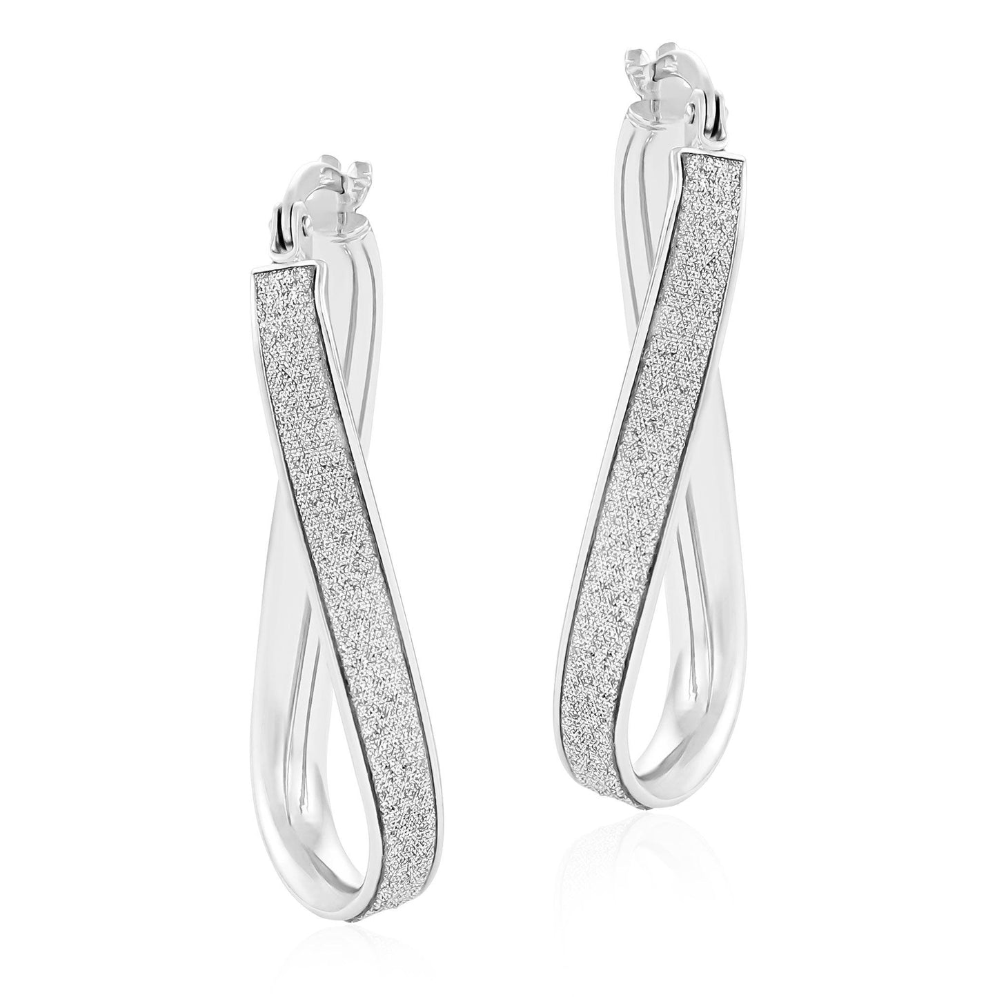 White Gold Glitter Oval Twist Hoop Earrings