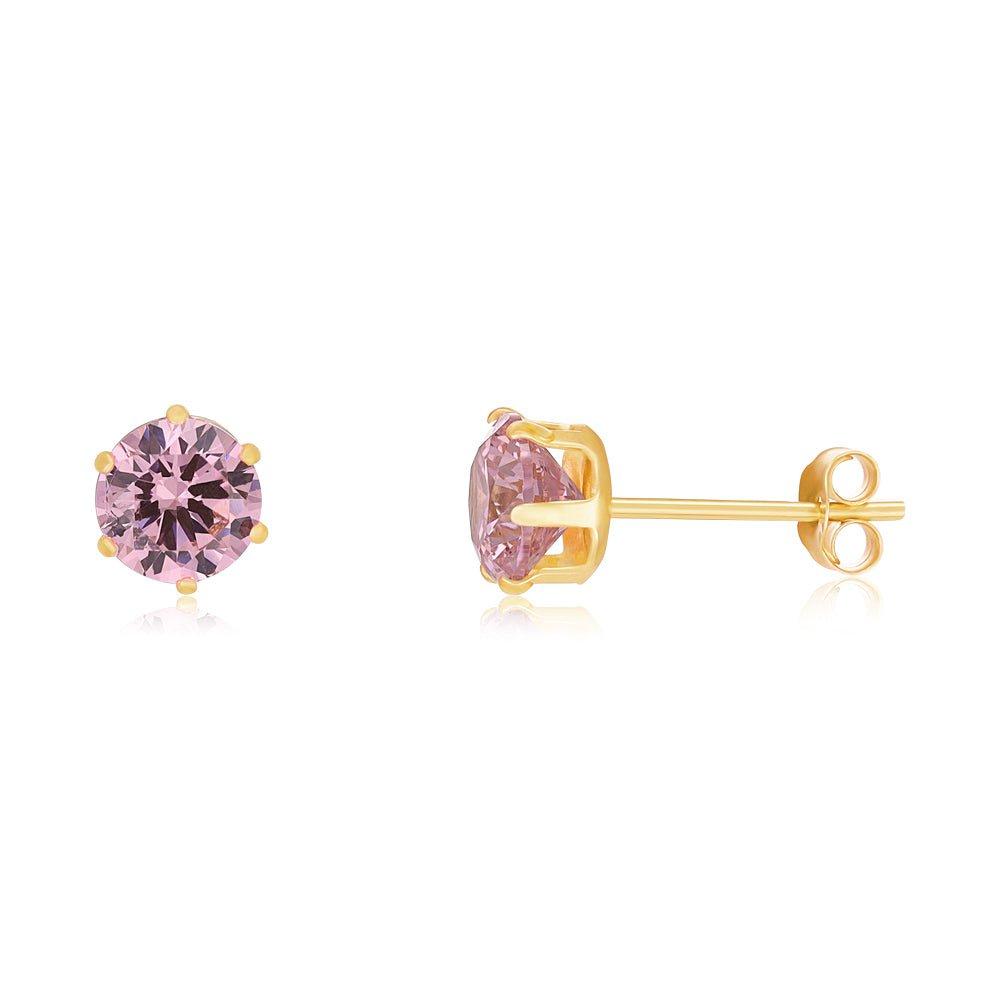 Yellow Gold 5mm Claw Set Pink Cubic Zirconia Studs