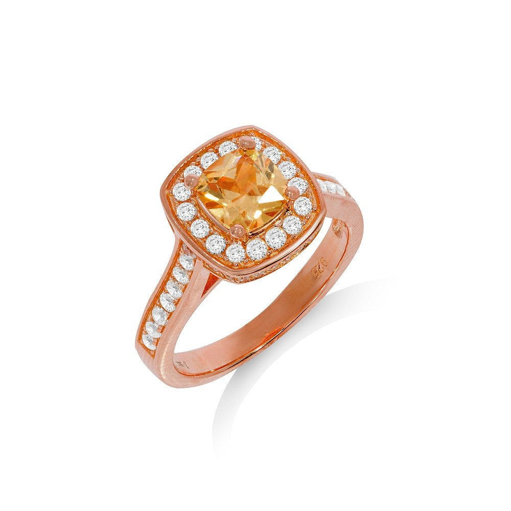 Micro Pave Rose Coated Champagne Centre Silver Cubic Zirconia Ring (HNN-59723D)