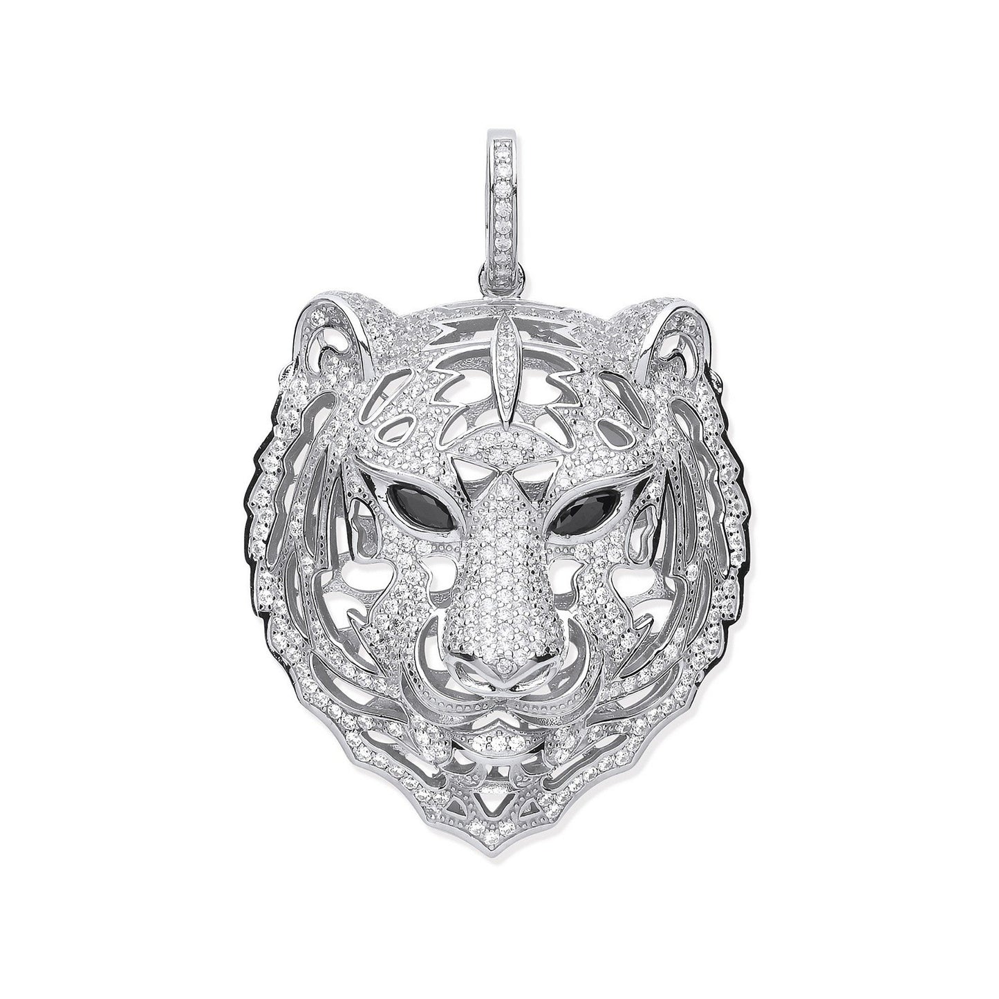 Silver Cubic Zirconia Tiger Head Black Cubic Zirconia Eyes Pendant