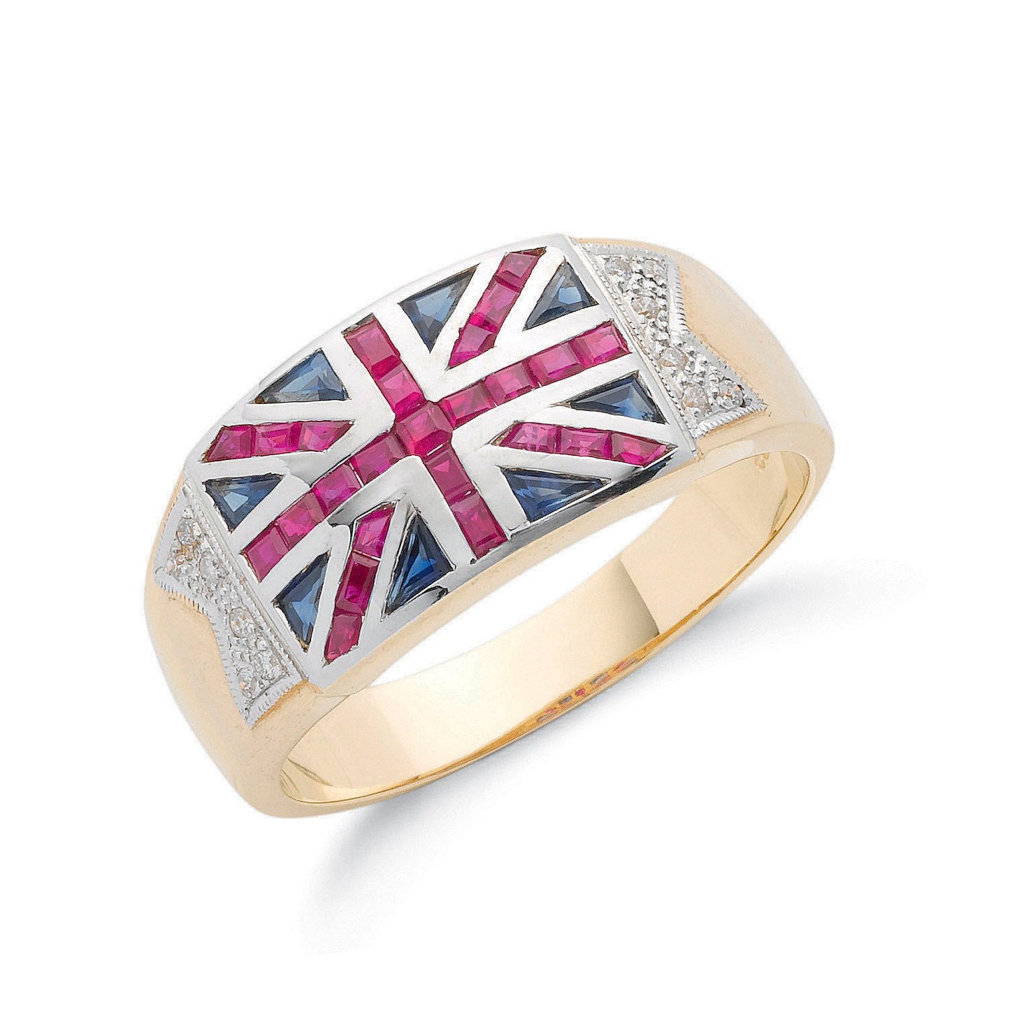 9ct Yellow Gold 0.06ct Diamond 0.30ct Blue Sapphire &1.00ct Ruby Union Jack Ring