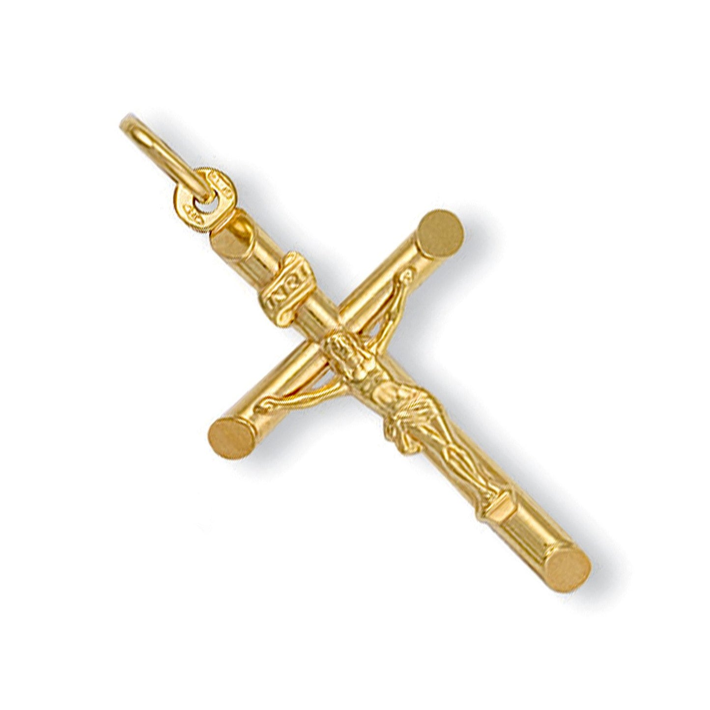 Yellow Gold Round Tube Crucifix - 21.1mm