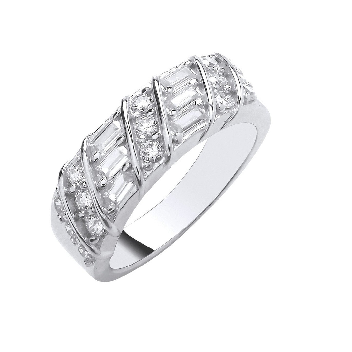 Silver Baguette & Round Cubic Zirconias Half Eternity Ring