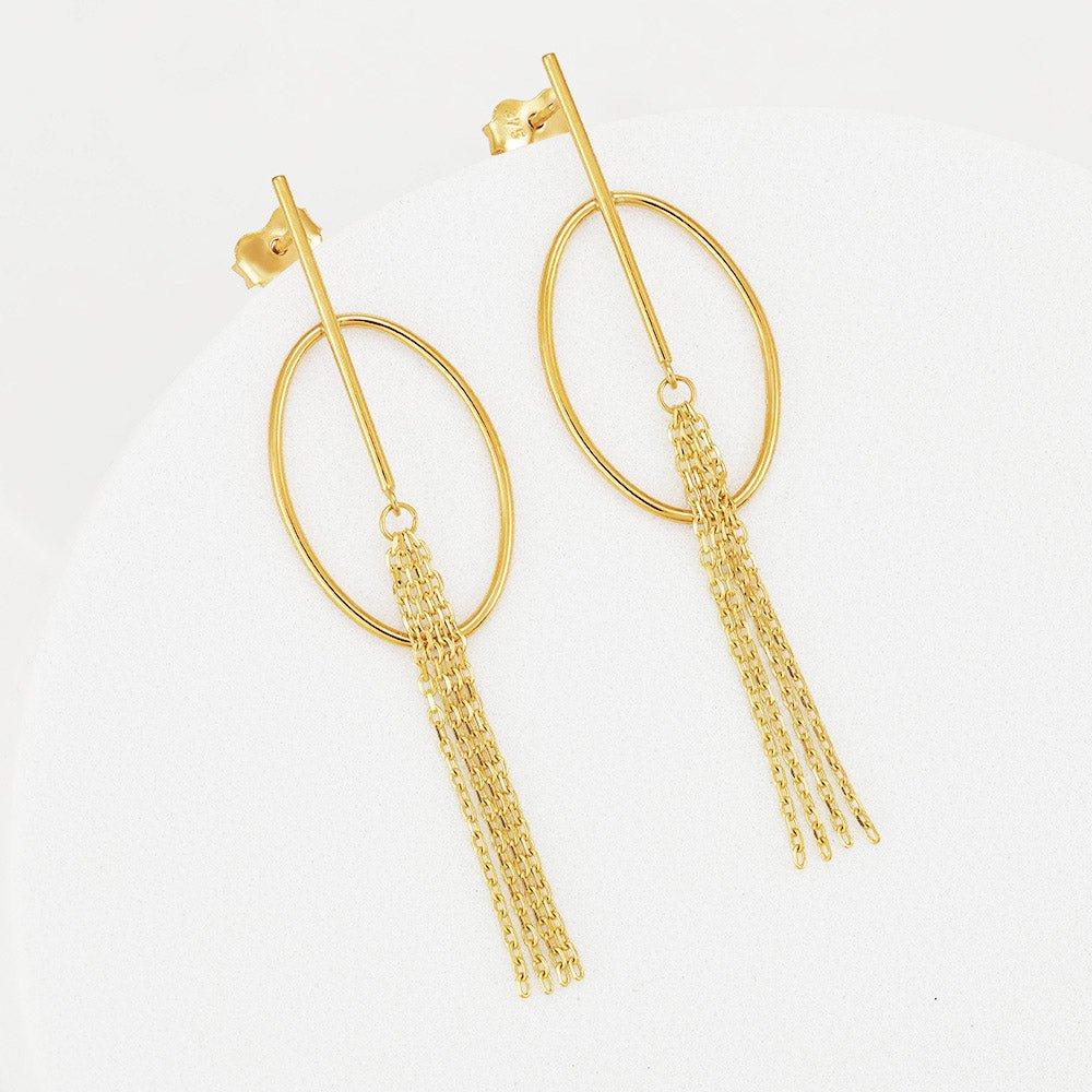 Yellow Gold Oval Tube Tassel Drop Earrings